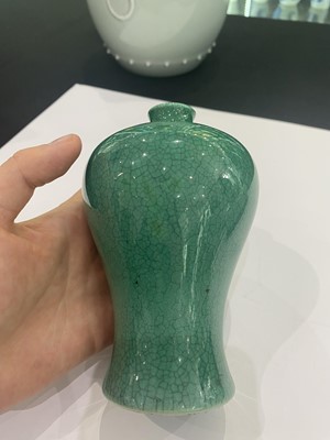 Lot 76 - A PAIR OF CHINESE GREEN GLAZED VASES, MEIPING.