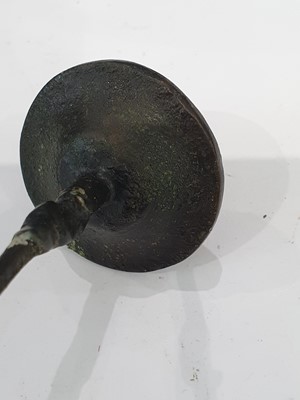 Lot 666 - A CHINESE BRONZE 'LIU HAI' CANDLE STICK AND A SMALL VASE.