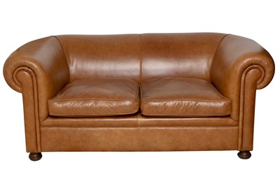Lot 427 - A PAIR OF CONTEMPORARY TAN LEATHER CHESTERFIELD STYLE TWO SEATER SOFAS
