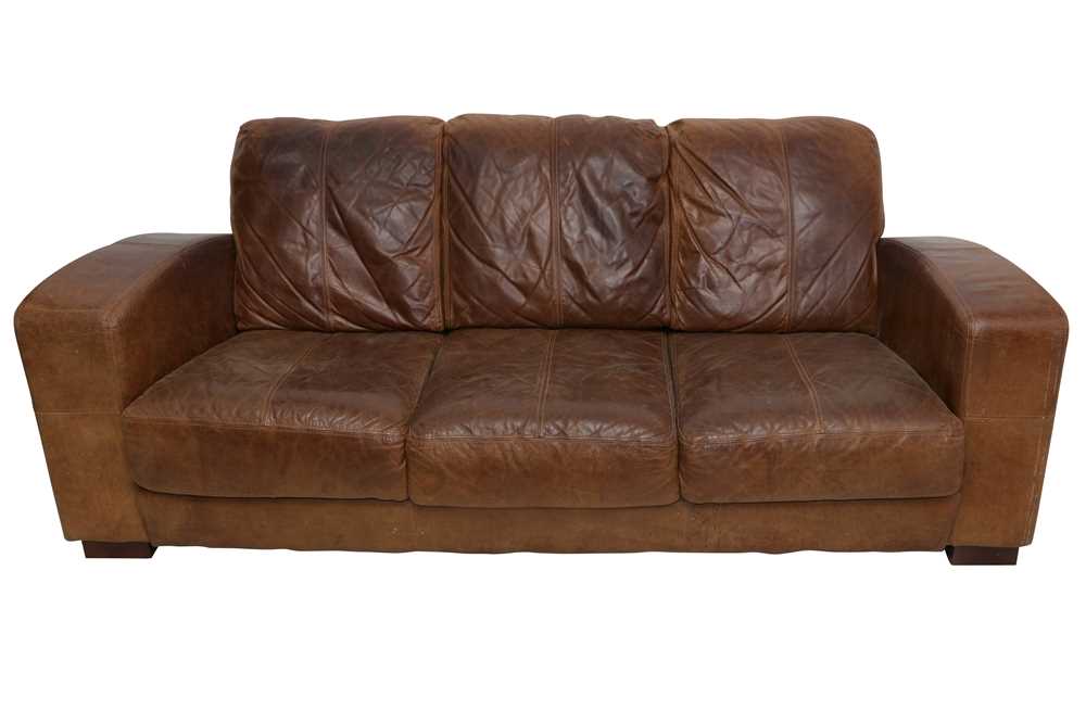 Lot 400 - A CONTEMPORARY THREE SEATER BROWN LEATHER SOFA