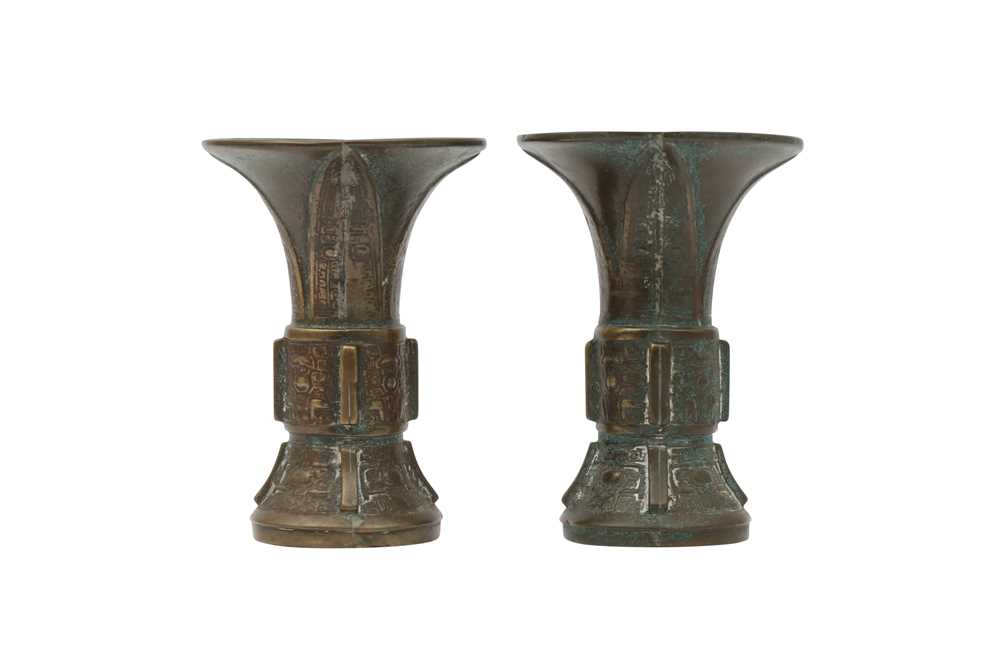 Lot 22 - A PAIR OF CHINESE MINIATURE BRONZE VASES, GU.