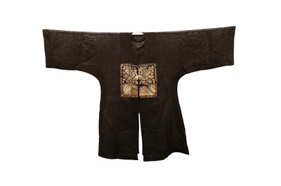 Lot 375 - A CHINESE BLACK GAUZE ROBE WITH TWO GOLD THREAD EMBROIDERED RANK BADGES.