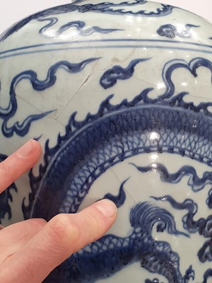 Lot 218 - A CHINESE BLUE AND WHITE ‘DRAGON’ MEIPING VASE.