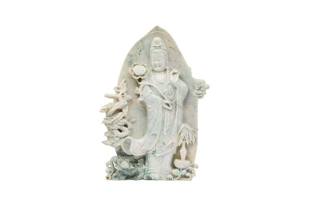 Lot 580 - A VERY LARGE CHINESE JADEITE CARVING OF GUANYIN.