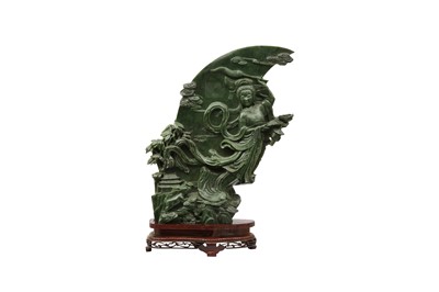 Lot 581 - A LARGE CHINESE SPINACH-GREEN JADE 'CHANG'E AND RABBIT' CARVING.