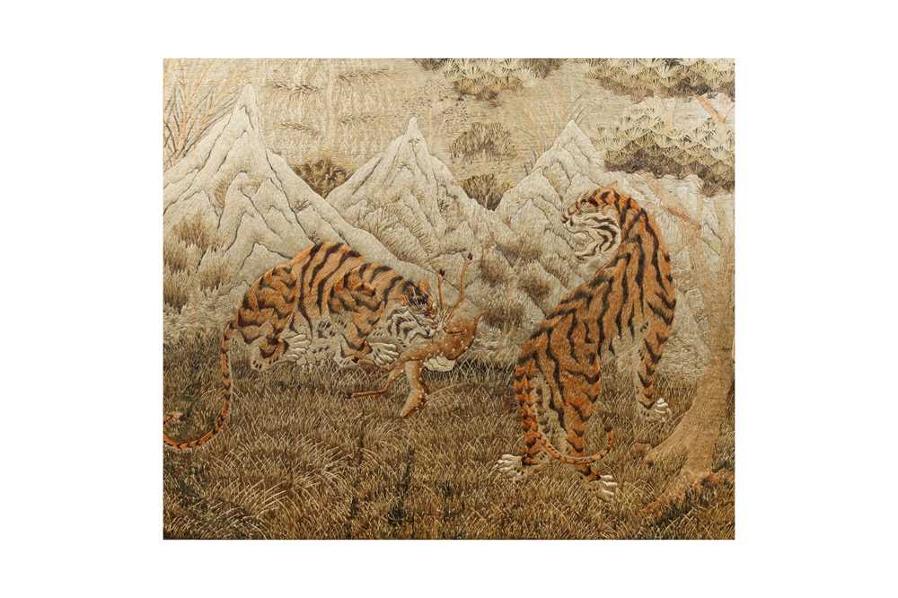Lot 433 - A JAPANESE EMBROIDERED 'TIGER AND DEER' PANEL.