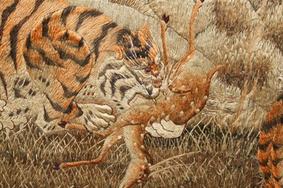 Lot 433 - A JAPANESE EMBROIDERED 'TIGER AND DEER' PANEL.