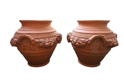 Lot 216 - A PAIR OF CONTEMPORARY FIBREGLASS TERRACOTTA STYLE GARDEN PLANTERS