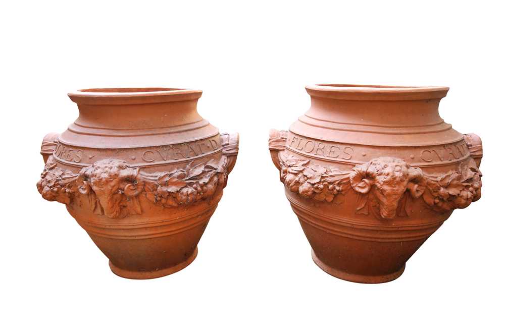 Lot 216 - A PAIR OF CONTEMPORARY FIBREGLASS TERRACOTTA STYLE GARDEN PLANTERS