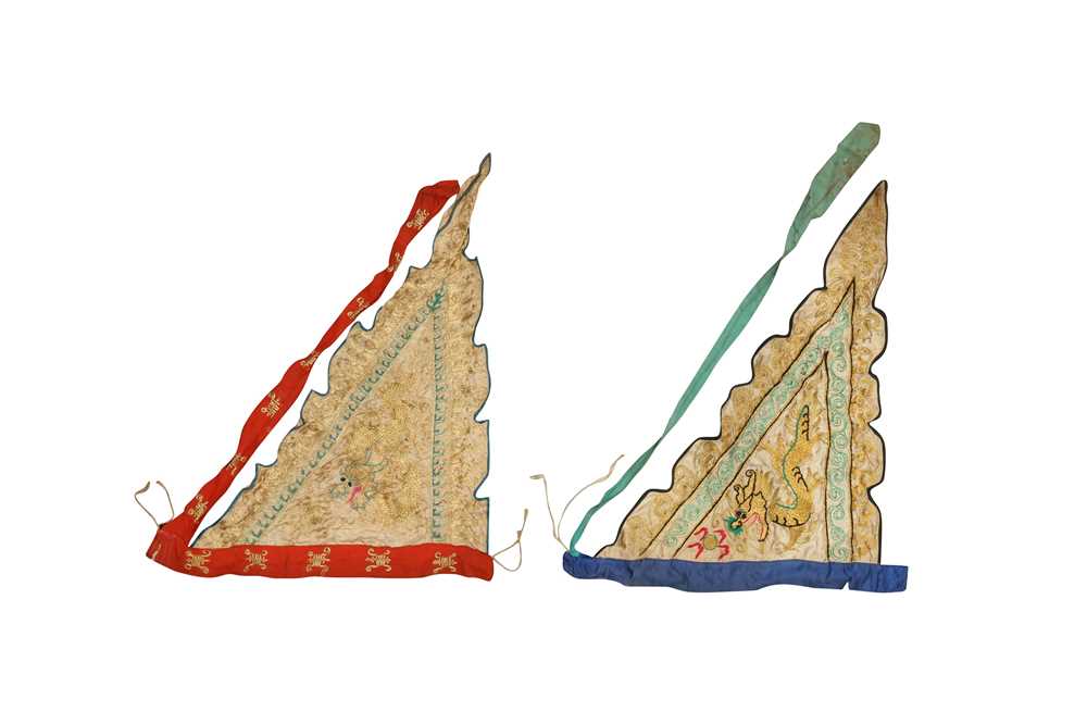 Lot 599 - TWO CHINESE EMBROIDERED GOLD-THREAD 'DRAGON' BANNERS.