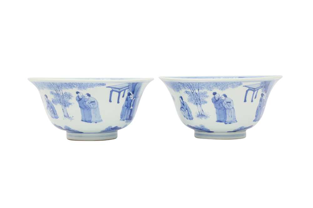 Lot 774 - A PAIR OF CHINESE BLUE AND WHITE 'SAGES IN THE BAMBOO GROVE' BOWLS.