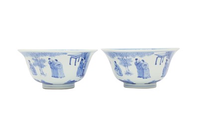 Lot 774 - A PAIR OF CHINESE BLUE AND WHITE 'SAGES IN THE BAMBOO GROVE' BOWLS.