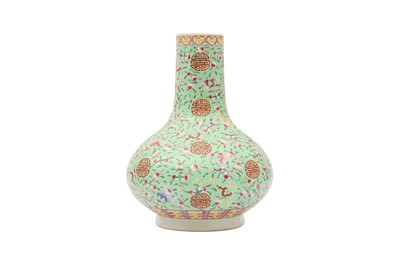 Lot 760 - A CHINESE FAMILLE ROSE LIME GREEN-GROUND 'BIRTHDAY' VASE.
