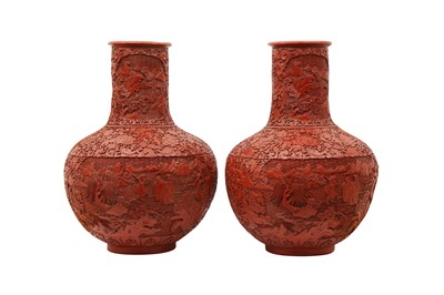 Lot 578 - A PAIR OF LARGE CINNABAR LACQUER STYLE VASES, TIANQIUPING.