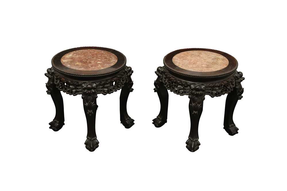 Lot 808 - A PAIR OF CHINESE MARBLE-INSET WOOD STANDS.
