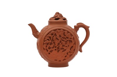 Lot 11 - A CHINESE MOONFLASK-SHAPED YIXING ZISHA TEAPOT AND COVER.