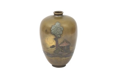 Lot 476 - A JAPANESE INLAID-BRONZE 'LANDSCAPE' VASE BY INOUE.