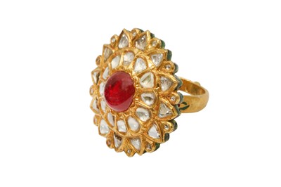 Lot 230 - A POLKI DIAMONDS AND SPINEL-ENCRUSTED GOLD RING