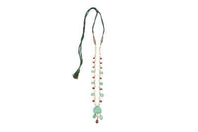 Lot 229 - A PEARL, RUBY AND EMERALD BEADS NECKLACE WITH A LARGE CARVED EMERALD MUGHAL PENDANT