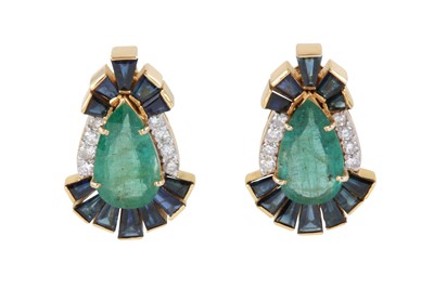 Lot 115 - A pair of emerald, diamond and sapphire  earrings