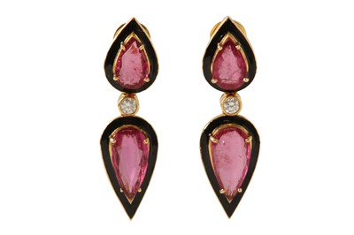 Lot 226 - A pair of rubellite, diamond and enamel pendent earrings