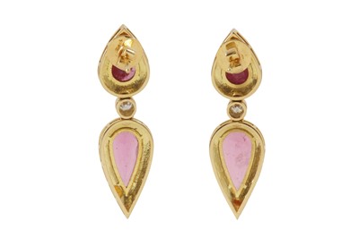 Lot 226 - A pair of rubellite, diamond and enamel pendent earrings