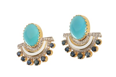 Lot 220 - A pair of turquoise, diamond, sapphire and enamel earrings