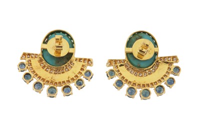 Lot 220 - A pair of turquoise, diamond, sapphire and enamel earrings