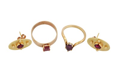 Lot 23 - A PAIR OF RUBY EARRINGS TOGETHER WITH TWO RINGS