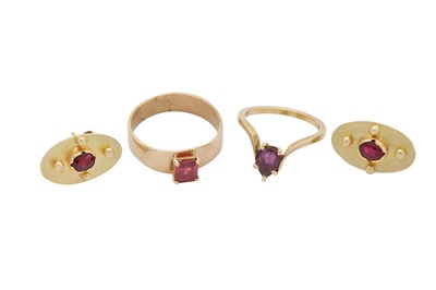 Lot 23 - A PAIR OF RUBY EARRINGS TOGETHER WITH TWO RINGS