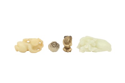 Lot 186 - A CHINESE PALE CELADON CARVING OF A RAM, TOGETHER WITH THREE JADE ‘BOYS’ CARVINGS.