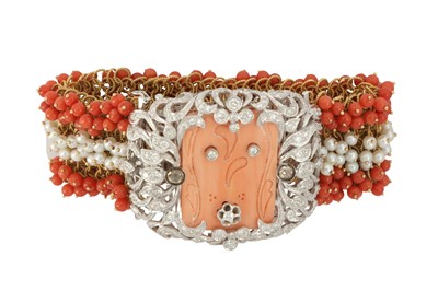 Lot 100 - λ A cultured pearl, coral and diamond bracelet