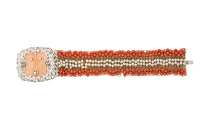 Lot 231 - λ A cultured pearl, coral and diamond bracelet