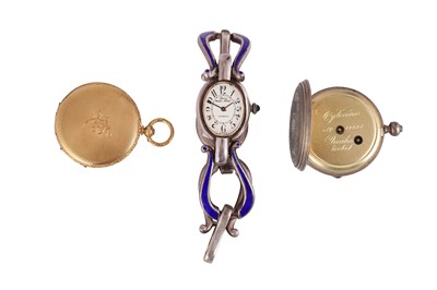 Lot 92 - TWO POCKET  WATCHES AND ONE ART DECO BRACELET WATCH.