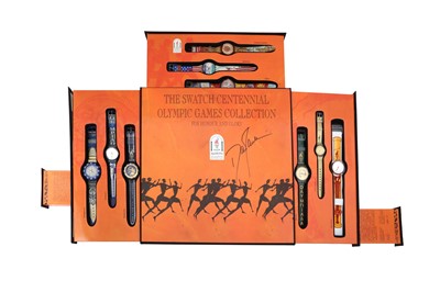 Lot 52 - A LIMITED EDITION AND RARE SWATCH CENTENNIAL OLIMPIC GAMES COLLECTION ATLANTA 1996 SIGNED BY TGE DESIGNER DAN JANSEN, OLYMPIC GOLD MEDALIST.