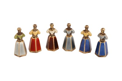 Lot 79 - A set of six mid-20th century Norwegian novelty guilloche enamel and silver gilt pepper pots, Oslo by Jacob Tostrup