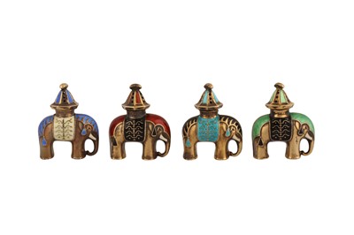 Lot 78 - A set of four mid-20th century Norwegian novelty guilloche enamel and silver gilt pepper pots, circa 1960