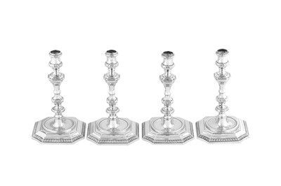 Lot 700 - An important set of four George II sterling silver candlesticks, London 1743 by George Wickes (this mark reg. 6th July 1739)