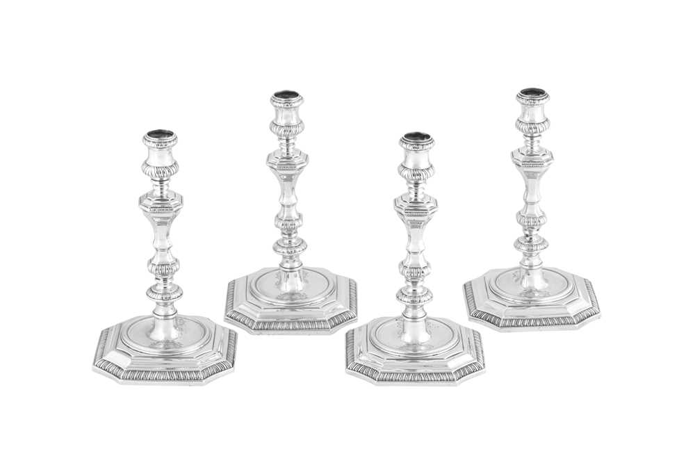 Lot 700 - An important set of four George II sterling silver candlesticks, London 1743 by George Wickes (this mark reg. 6th July 1739)
