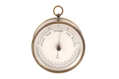 Lot 335 - A BRITISH BRASS CIRCULAR SILVERED DIAL BAROMETER AND THERMOMETER, 1880S