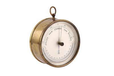 Lot 335 - A BRITISH BRASS CIRCULAR SILVERED DIAL BAROMETER AND THERMOMETER, 1880S