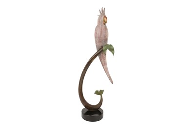 Lot 335 - BLAINE BLACK (AMERICAN, B. 1961), A STYLISED PATINATED BRONZE FIGURE OF A COCKATOO