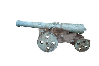 Lot 251 - A VERDIGRIS FINISHED METAL GARDEN CANNON, 20TH CENTURY