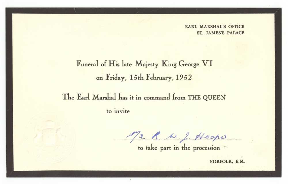 Lot 61 - PRINTED INVITATION TO TAKE PART IN KING GEORGE VI'S FUNERAL PROCESSION