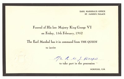 Lot 61 - PRINTED INVITATION TO TAKE PART IN KING GEORGE VI'S FUNERAL PROCESSION
