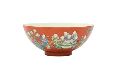 Lot 737 - A CHINESE CORAL-GROUND 'BOYS' BOWL.