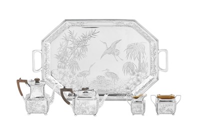 Lot 540 - A Victorian sterling silver ‘aesthetic movement’ four-piece bachelor tea and coffee service on tray, London 1888/92/93 by messrs Barnard