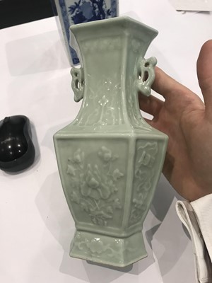 Lot 541 - A CHINESE BLUE AND WHITE BOTTLE AND A CELADON-GLAZED VASE.