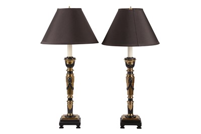Lot 184 - A PAIR OF BLACK GILT BRASS TABLE LAMPS, CONTEMPORARY