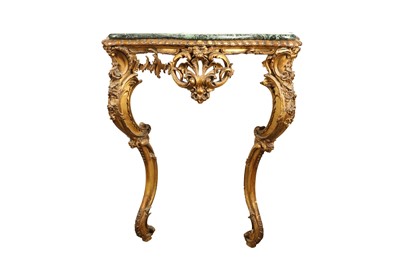 Lot 175 - A BAROQUE STYLE CARVED GILTWOOD SERPENTINE CONSOLE TABLE, 19TH CENTURY